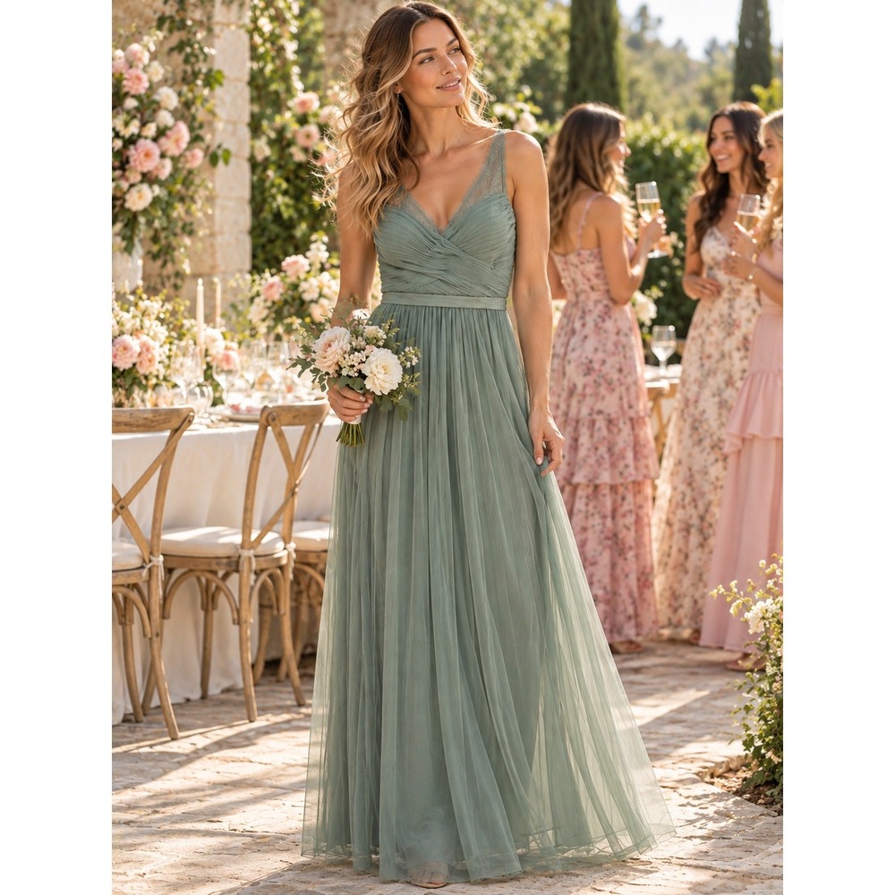 Hitherto BHLDN Anthropologie Sage Green Tulle Lace Maxi Dress Bridesmaid Gown 8